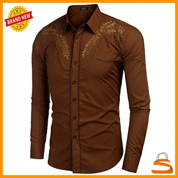 Embroidered Cowboy Shirt Long Sleeve Slim Fit Retro Western Casual Button Down